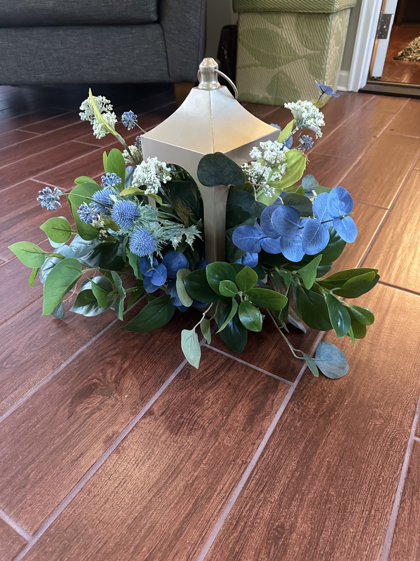 Lantern & Blue Hydrangea Centerpiece